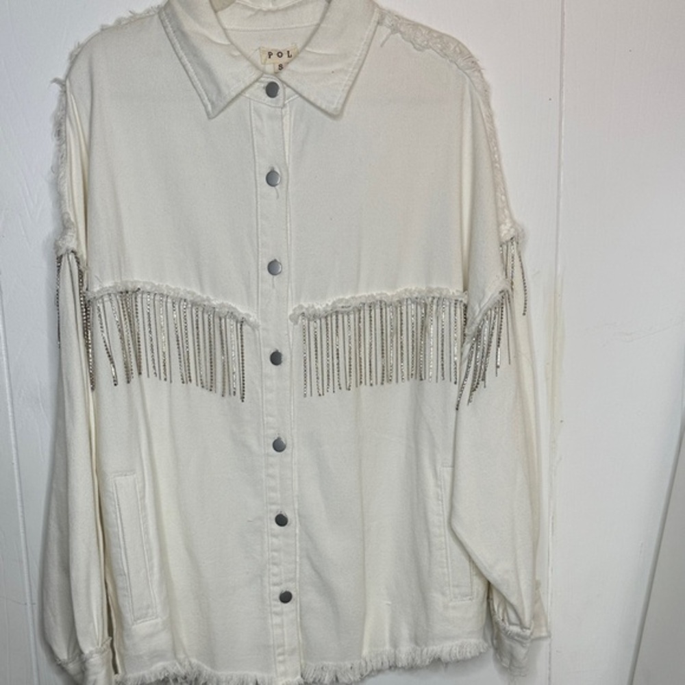 POL White Fringe Jean Jacket